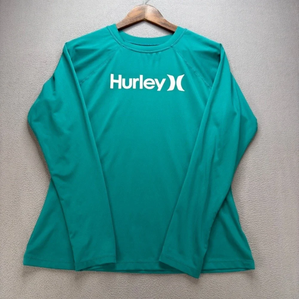 Hurley Logo Long Sleeve Rash Guard Swim Shirt Regular L Teal UPF 50+ Performance